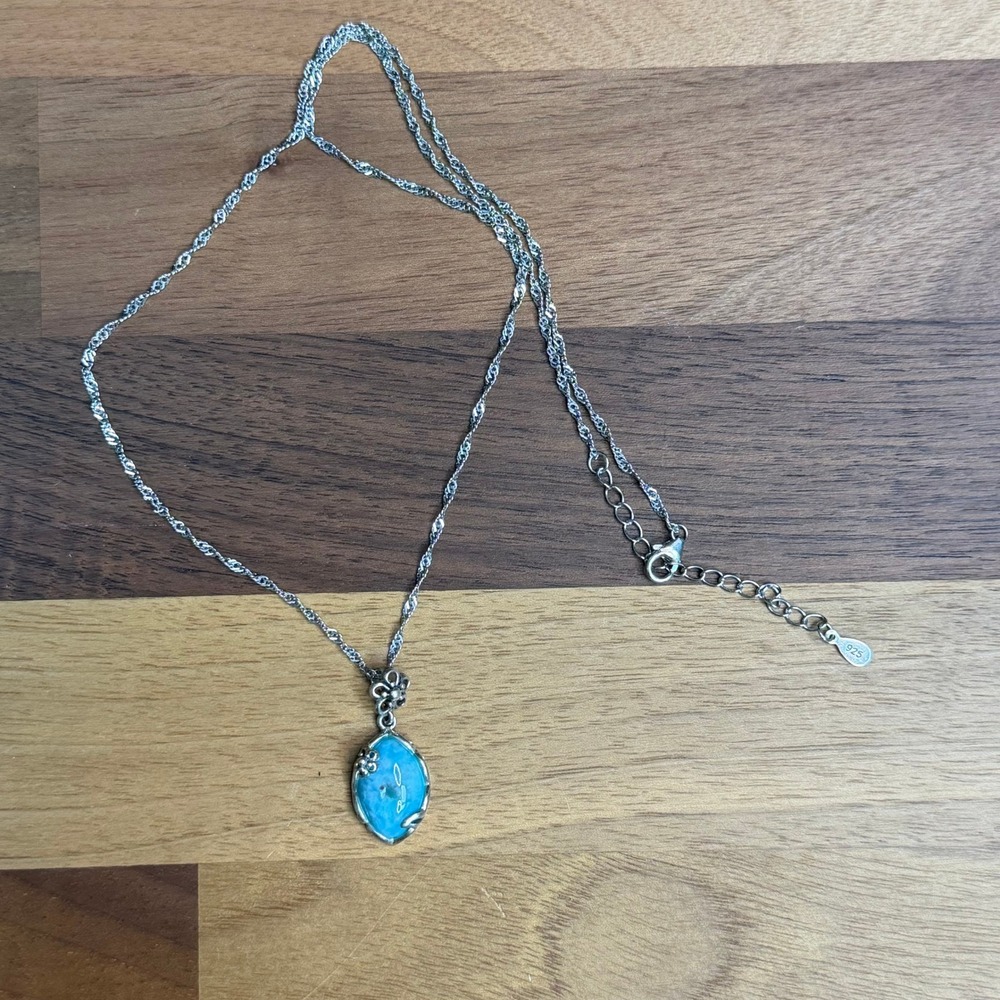 BBJ Sterling Silver 925 Blue Marquise Stone Floral Pendant Singapore Chain